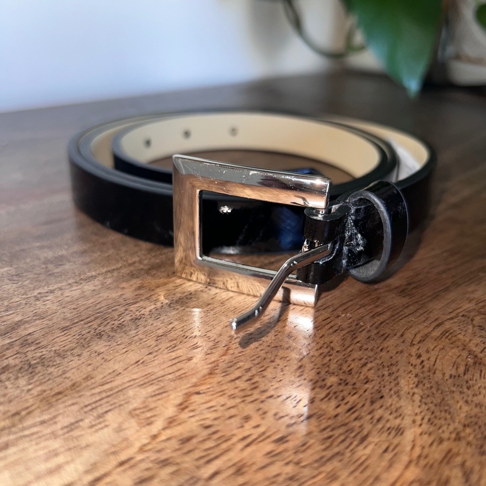 Womens Skinny Black Patent Leather Belt with Silver Square Buckle